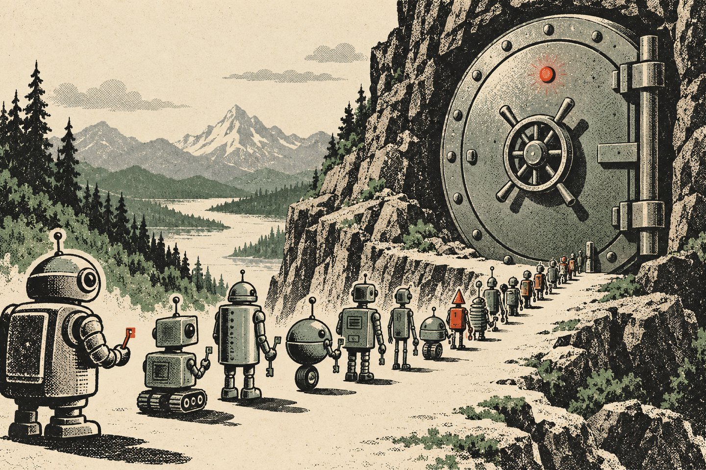 Cartoon of a long line of small robots, each holding a key, walking toward one huge vault door in a cliff