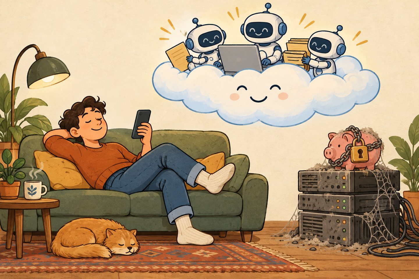 Cartoon of a relaxed person on a sofa with a phone while small robots work on a cloud above, old dusty servers and a chained piggy bank on the floor