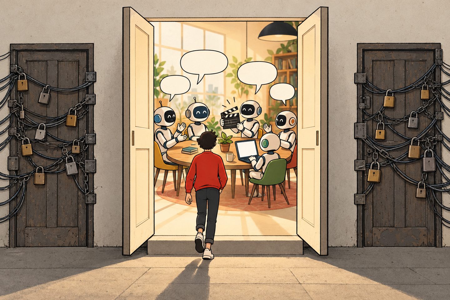 Cartoon of a person walking through one open door into a sunny room where friendly robots chat around a table, between two doors locked with chains and padlocks