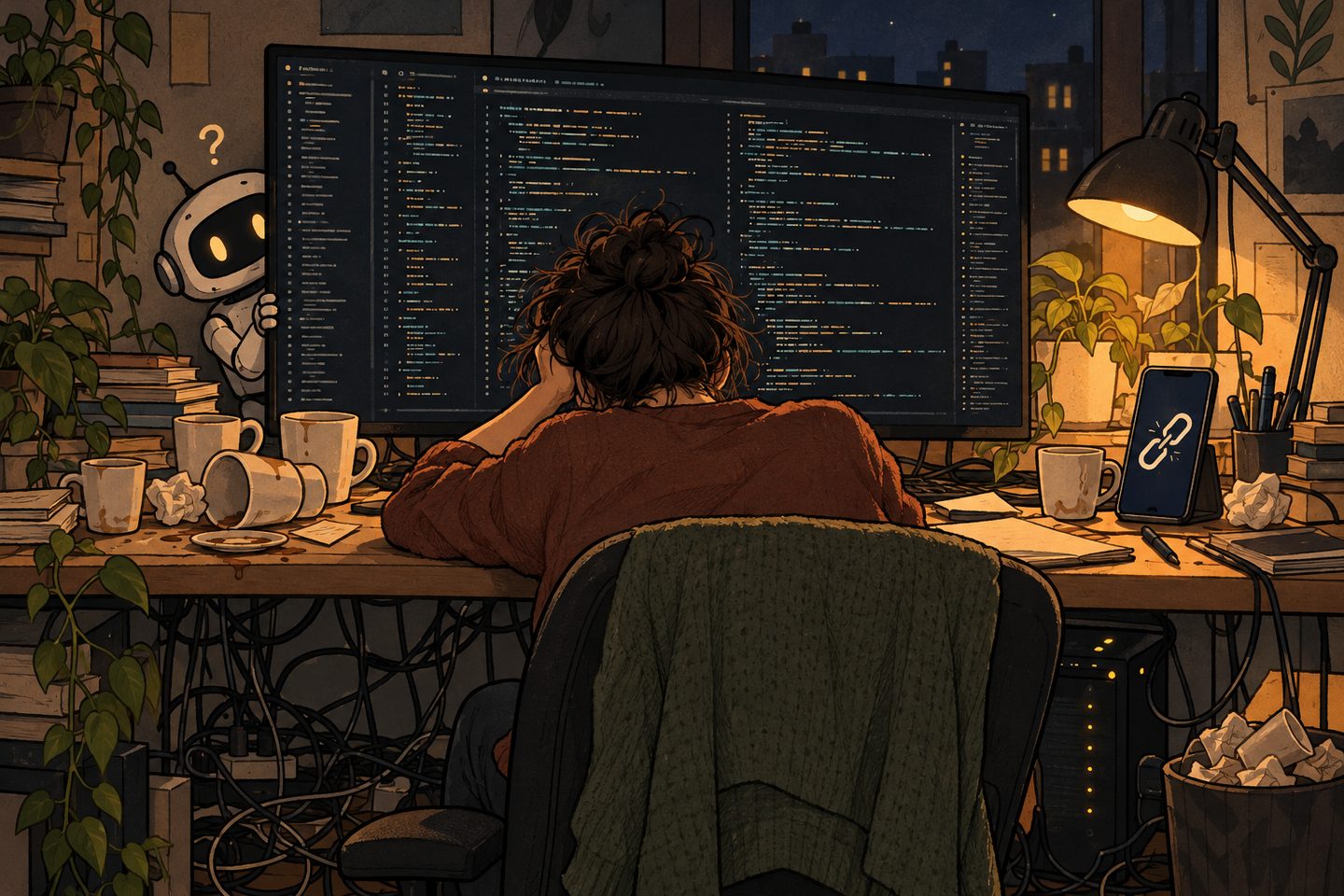 Cartoon of a tired person at night in front of a dark screen full of code, tangled cables and coffee cups, a confused robot peeking from behind the monitor