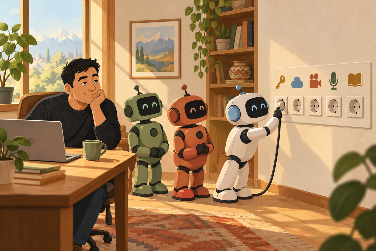 Cartoon of a calm man at a desk in a sunny room while a line of different friendly robots plug one cable into a wall panel of identical sockets marked with a key, a cloud, a camera, a microphone and a book