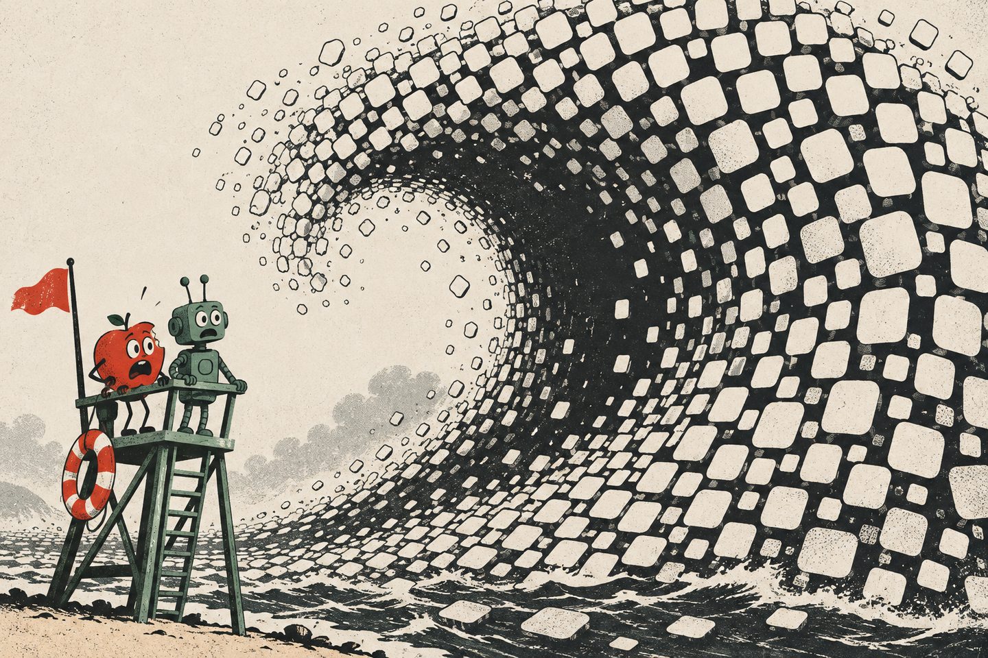 Cartoon of an apple and a green robot on a lifeguard tower as a giant wave made of app icons rises over them